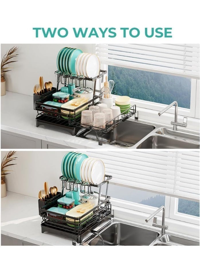 FUOE Black Extendable Dish Rack with 4-Grid Cup Holder & 3-Grid Utensil Tray - Double-Layer Foldable Kitchen Drainer and Organizer for Plates, Bowls, Cups and Cutlery, Space-Saving Dish Drying Rack for Kitchen Countertop - Image 4